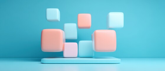 Semi Minimal Color palette concept. Colorful geometric shapes floating in a bright blue background.