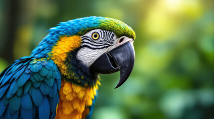 A vibrant macaw gazing intently with its remarkable colors in a lush tropical setting blurred bokeh