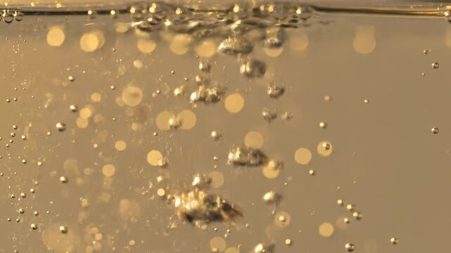 Fresh beer and champagne in glasses with gold liquid bubbles and macro wet texture design