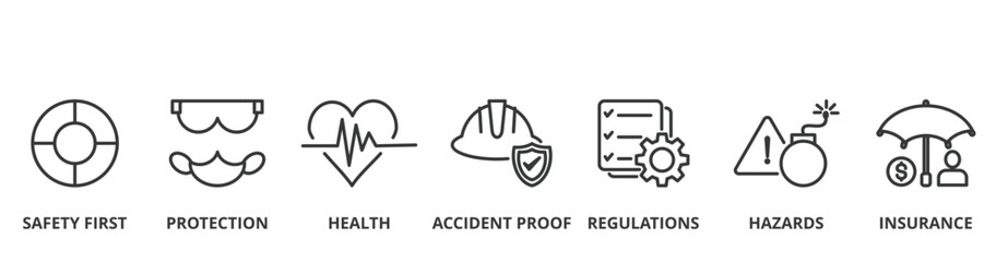 Work safety banner vector illustration concept for occupational safety and health at work with safety first, protection, health, accident proof, regulations, hazards and insurance icon