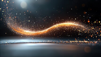A dynamic wave of golden light particles flows across a dark, reflective surface, creating a magical and celebratory atmosphere.