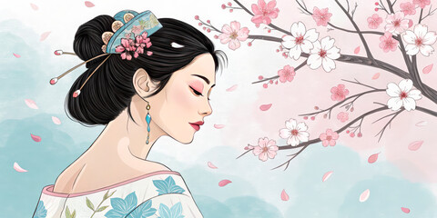 Elegant Asian Woman In Floral Kimono With Hair Ornament, Standing Near Cherry Blossom Branches In Soft Pastel Setting, Representing Serenity, Ideal For Spring Ads, Fashion, And Editorial Use