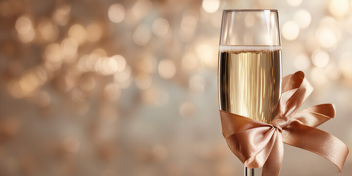 Champagne glass with ribbon decoration on blurred background