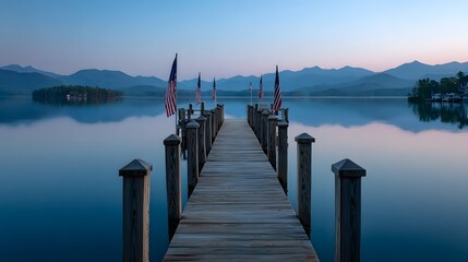 Fototapeta premium Peaceful wooden pier leading out onto calm lake with mountains in sunrise light, tranquil travel destination and nature landscape for relaxation concept