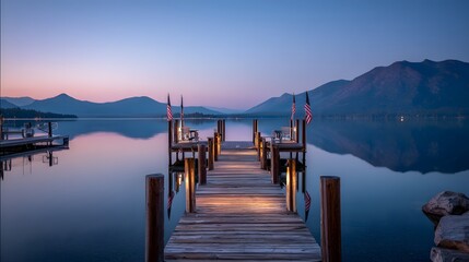 Obraz premium Peaceful wooden pier leading out onto calm lake with mountains in sunrise light, tranquil travel destination and nature landscape for relaxation concept