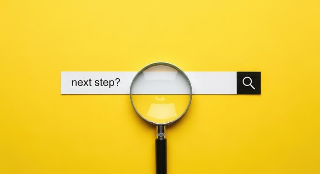 Magnifying glass over search bar with 'next step?' text on a vibrant yellow background.