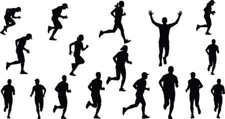 Collection of running silhouettes, black marathon runners set, jogging athletes, vector illustration isolated on white background, sport fitness training, people exercising