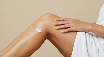 woman applying white cream to her legs, personal care