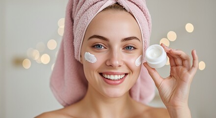 a beautiful woman applying a cosmetic white facial mask with a pink towel