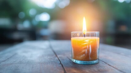 Candlelight Serenity: The soft glow of a burning candle illuminates the rustic wooden surface, creating a peaceful and intimate atmosphere, with an inviting warmth of the flame and its gentle light. - Powered by Adobe