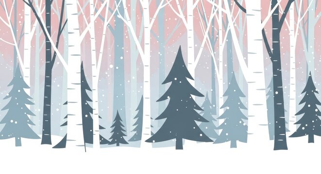 Serene winter forest landscape with snow falling amidst minimalist tree silhouettes