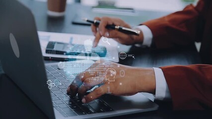 Businessman working with laptop in office global business network connection concept - Powered by Adobe