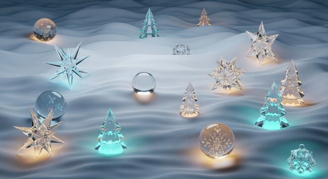 Winter Landscape with Luminous Crystal Ornaments on Snowy Dunes Creating a Magical Atmosphere