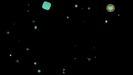 A whimsical dance of geometric shapes and twinkling stars unfolds against a deep black backdrop, creating a mesmerizing and abstract cosmic scene - Powered by Adobe