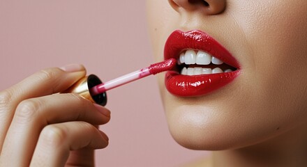 woman applying red lip gloss