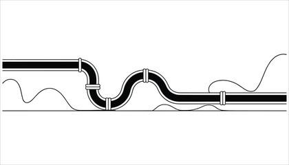 Black and white graphic illustration of a winding pipe with connecting joints and wavy lines below pipeline