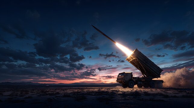 Military rocket launcher system firing missile in dramatic sunset battlefield scene, defense technology, war weaponry and modern army power concept