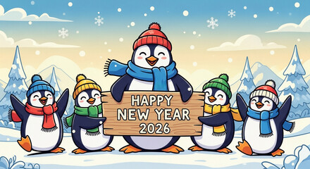 A group of cheerful cartoon penguins wearing winter hats and scarves, celebrating the new year 2026 in a snowy landscape with falling snowflakes and evergreen trees, holding a wooden sign that says ha