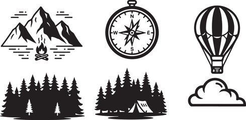 Adventure Travel Icon Set &ndash; Camping, Hiking, Exploration Symbols

Outdoor Exploration Line Icons &ndash; Mountains, Ships, Maps & More

Travel and Adventure Outline Icons Pack for Outdoor Activities