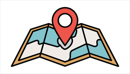 Red map pin marker on folded paper map with blue and cream sections and gold border location navigation