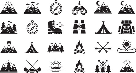 Adventure Travel Icon Set &ndash; Camping, Hiking, Exploration Symbols

Outdoor Exploration Line Icons &ndash; Mountains, Ships, Maps & More

Travel and Adventure Outline Icons Pack for Outdoor Activities