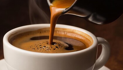 Close-up of hot, strong espresso or rich brewed coffee pouring into a white cup, creating golden foam (crema) with visible steam