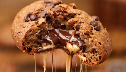 Close-up of a broken chocolate cookie or brownie with warm, melted caramel and chocolate filling dripping down