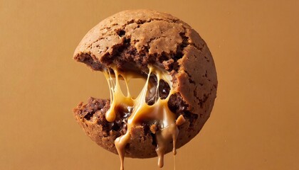 Close-up of a broken chocolate cookie or brownie with warm, melted caramel and chocolate filling dripping down