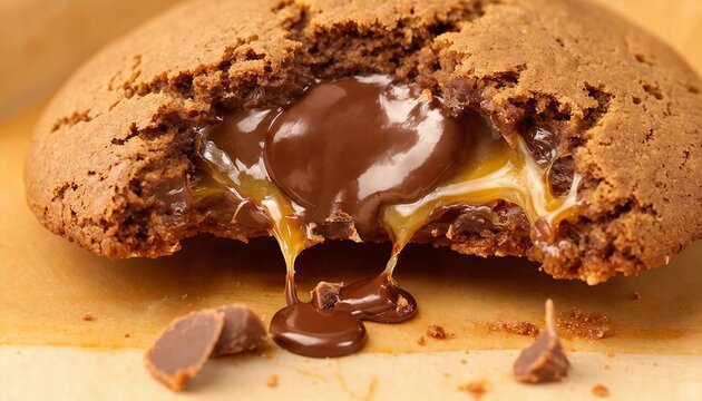 Close-up of a broken chocolate cookie or brownie with warm, melted caramel and chocolate filling dripping down