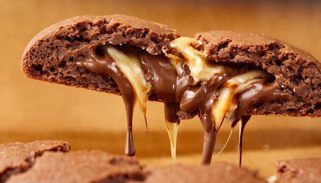Close-up of a broken chocolate cookie or brownie with warm, melted caramel and chocolate filling dripping down - Powered by Adobe