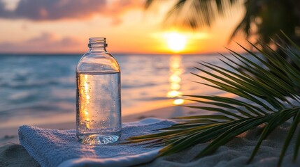 Obraz premium Clear water bottle on beach towel at sunset