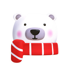 A 3D stylized polar bear head with pink cheeks wearing a red and white striped scarf.
