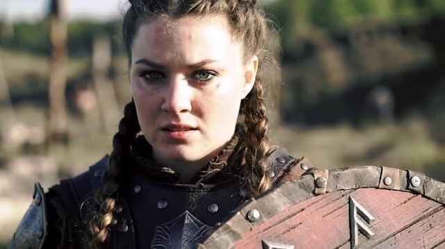 Slavic Female Warrior Holding Shield with Fierce Courage in Ancient Battle Setting