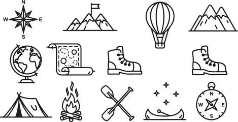 Adventure Travel Icon Set &ndash; Camping, Hiking, Exploration Symbols

Outdoor Exploration Line Icons &ndash; Mountains, Ships, Maps & More

Travel and Adventure Outline Icons Pack for Outdoor Activities