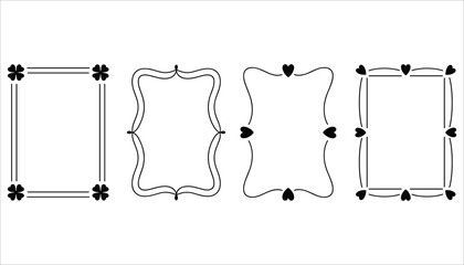 Four black decorative frames with clover and heart embellishments on white background border design element