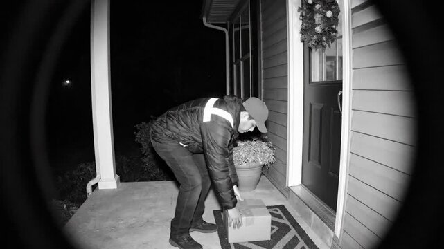Doorbell Camera Night Vision with "Motion Detected" Alert, Delivery Man at Night