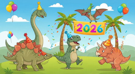 Happy cartoon dinosaurs in party hats celebrate 2026 with balloons, confetti, and a banner in a vibrant outdoor scene with palm trees