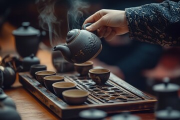 A person is pouring tea from a traditional teapot into a small cup, with a wooden tray and other cups in the background.