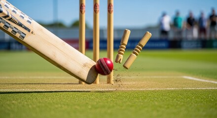 Dramatic cricket moment ball hitting the wickets with bat on lush green outfield stadium