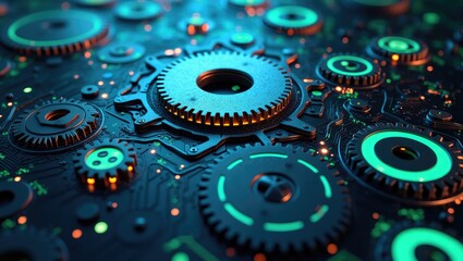 Intricate design showcases mechanical gears and circular components with radiant, neon-like illumination, demonstrating futuristic digital hardware and technological advancement, highlighting...