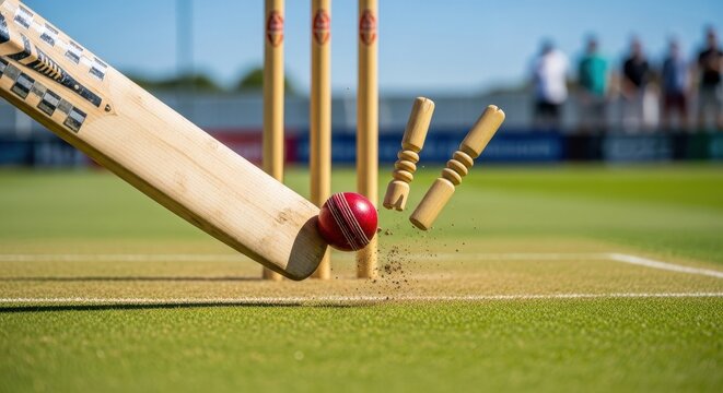Dramatic cricket moment ball hitting the wickets with bat on lush green outfield stadium
