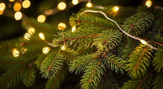 Festive Christmas Tree Branch with Warm String Lights A Cozy Holiday Scene