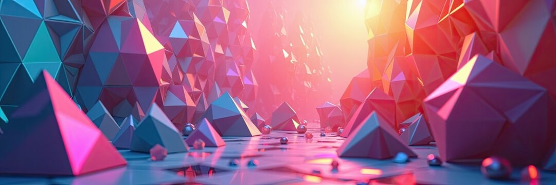 Geometric structures with triangular facets form a radiant tunnel, illuminated by vibrant pink, purple, and blue hues with hints of orange light, creating a futuristic and abstract landscape...