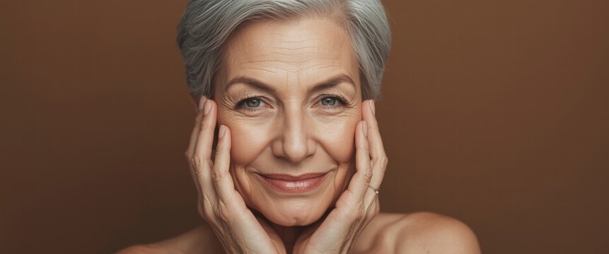 Radiant mature woman exudes elegance and serenity with her silver hair and natural smile. Perfect for beauty, wellness, or lifestyle campaigns promoting graceful aging.
