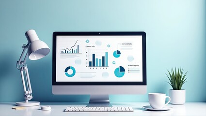 Desktop computer displays business analytics with financial charts, graphs, and data visualizations, alongside a desk lamp, a cup of coffee, and a potted plant set on a clean, white surface, 