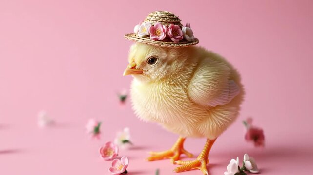 Charming chick in a floral hat with delicate flowers against a pink background, easter concept