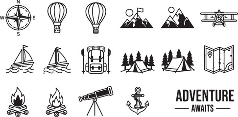 Adventure Travel Icon Set &ndash; Camping, Hiking, Exploration Symbols

Outdoor Exploration Line Icons &ndash; Mountains, Ships, Maps & More

Travel and Adventure Outline Icons Pack for Outdoor Activities