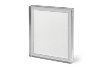 Clear acrylic frame standing on an isolated transparent background, displaying a blank white canvas for content presentation