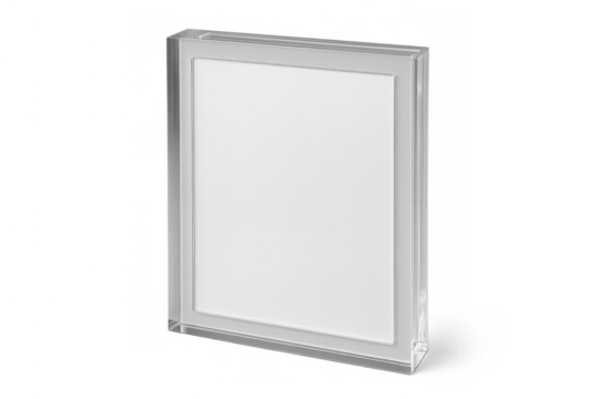 Clear acrylic frame standing on an isolated transparent background, displaying a blank white canvas for content presentation