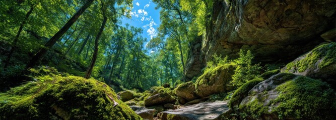 Forest rocks covered in lush green moss